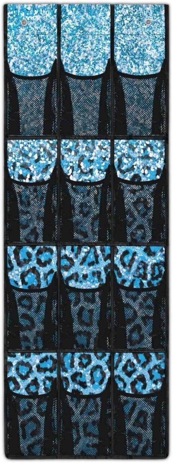 Large Capacity Door Organizer with 12 Pockets, Storage Hanging Bag Behind the Door for Accessories and Essentials, Foldable and Space Saving Design for Home Use, Shiny Blue Leopard Print