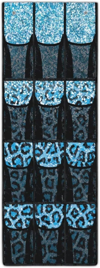 Large Capacity Door Organizer with 12 Pockets, Storage Hanging Bag Behind the Door for Accessories and Essentials, Foldable and Space Saving Design for Home Use, Shiny Blue Leopard Print