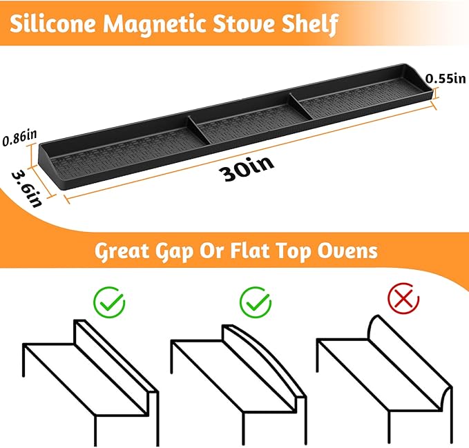 Foeacry 30 Inch Magnetic Stove Top Shelf - Heat Resistant Silicone Over the Stove Shelf Spice Rack, No Drill Easy Clean Kitchen Storage Organizer for Small Kitchen, Fits Gas & Electric Stoves