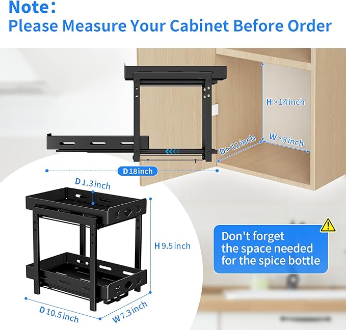 BOIVSHI Pull Out Spice Racks for Inside Cabinets, 2-Tier Cabinet Spice Rack Organizer, Height Adjustable Vertical Spice Rack for Kitchen Cabinet (7.5''Wx10.8''Dx9.2''H, Metal Black)