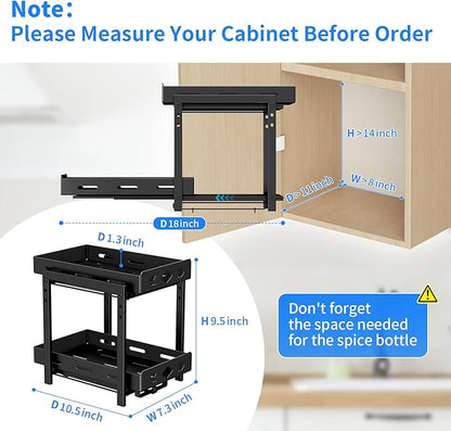 BOIVSHI Pull Out Spice Racks for Inside Cabinets, 2-Tier Cabinet Spice Rack Organizer, Height Adjustable Vertical Spice Rack for Kitchen Cabinet (7.5''Wx10.8''Dx9.2''H, Metal Black)
