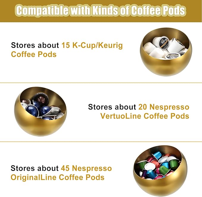 ELLDOO Coffee Pod Holder, Gold Metal Coffee Pod Storage for K Cup Nespresso Vertuo Keurig, Creamer Organizer Candy Bowl Fruit Jar for Countertop Kitchen Breakroom (Without Base)