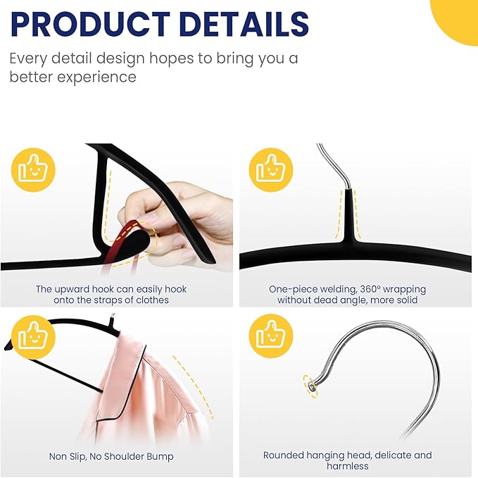 Jiang&Rong 30 Pack 16 Inch Rubber-Coated Non-Slip Metal Hangers - Heavy Duty No Bump Closet Hangers for Coats, Shirts, Suits, Sweaters (30-Pack, Black)