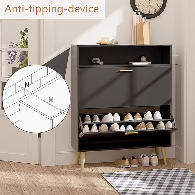 LYNSOM Shoe Cabinet, Free Standing Tipping Bucket Shoe Rack Organizer with 2 Flip Drawers, Modern Entryway Shoe Storage with Top Display, Narrow Slim Hidden Shoe Cabinet (Black)
