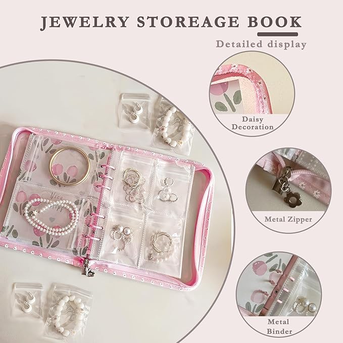 Jewelry Organizer Travel,Jewelry Storage Book with 45 Portable thick PVC pouches,Jewelry Organizer Zipper Bags for Necklaces Bracelet Rings and Earrings (front cover removable),Pink