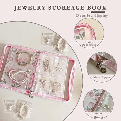Jewelry Organizer Travel,Jewelry Storage Book with 45 Portable thick PVC pouches,Jewelry Organizer Zipper Bags for Necklaces Bracelet Rings and Earrings (front cover removable),Pink