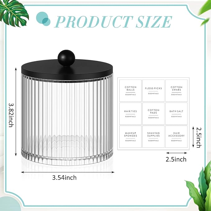 Yaomiao 4 Pcs Plastic Holder Dispenser Bathroom Jars with Black Bamboo Lids and Label Stickers, 18 oz Apothecary Canister with Fluted Design for Cotton Ball, Swab, Floss Picks House Storage