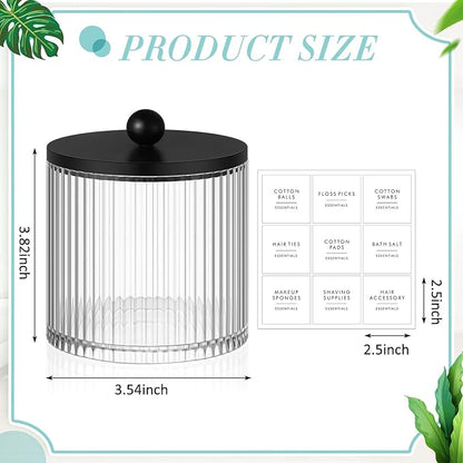 Yaomiao 4 Pcs Plastic Holder Dispenser Bathroom Jars with Black Bamboo Lids and Label Stickers, 18 oz Apothecary Canister with Fluted Design for Cotton Ball, Swab, Floss Picks House Storage