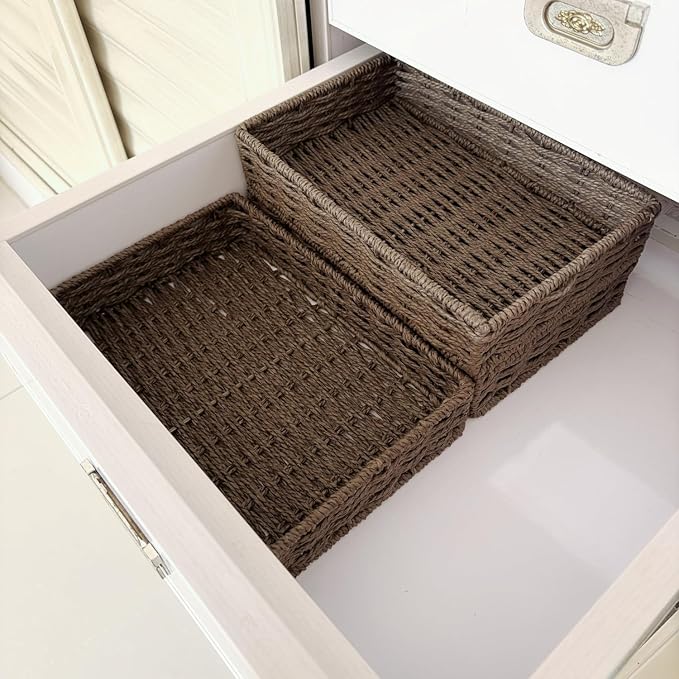 Small Woven Paper Rope Baskets for Storage(4PCS), Basket Tray for Drawer,Shelves,Closet Organizing & Decor (Dark Brown)