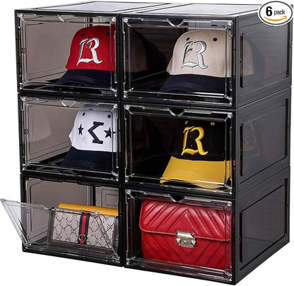 Attelite Hat Organizer for Baseball Caps, set of 6, Stackable Hat Storage Box With Transparent Magnetic Door, Hat Rack, Easy to Assemble Stylish Display(Clear Black)