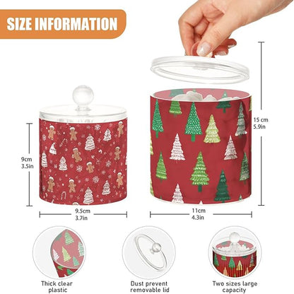 2 Pack Qtip Dispenser Apothecary Jars with Lids Cotton Round Holder Bathroom Canisters for Cotton Swab Floss Ball Pads Clear Plastic Decorative Red Christmas Trees Gingerbread