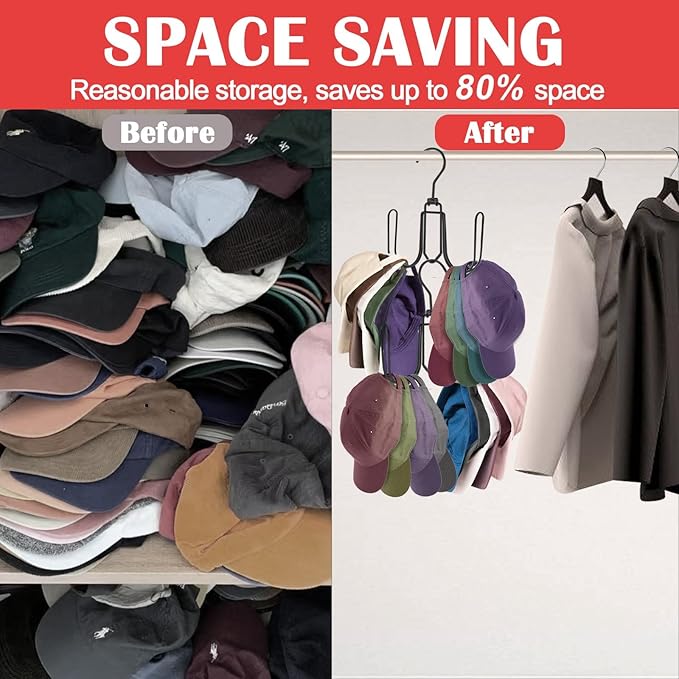 2 Pack Hat Hanger for Closet, Collapsible Metal Hat Organizer for Baseball Caps, Racks with 4 Big Hooks, 360° Rotation Space Saving Hangers, Better Organizer&Display for Tie, Scarves, Black