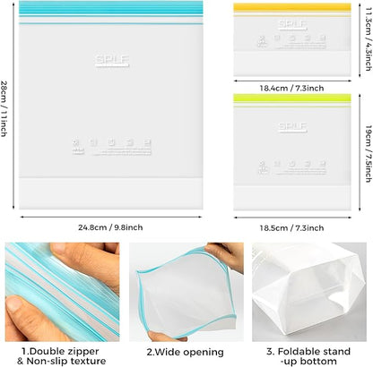 SPLF 8 Pack Reusable Gallon Freezer Bags Dishwasher Microwave Safe, 1 Gallon BPA Free Leakproof Food Storage Bags, Silicone Free Containers for Meal Prep, Fridge Kitchen Organization