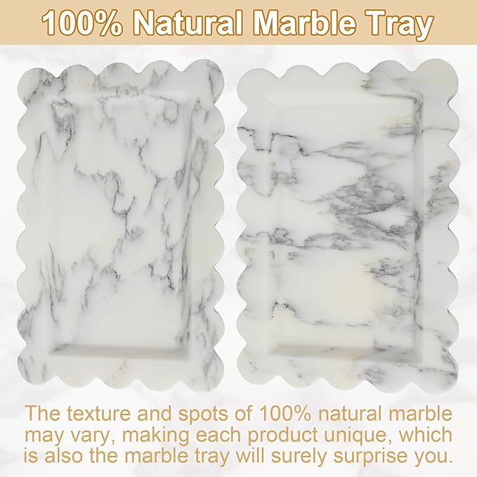 100% Natural Marble Vanity Tray - Real Stone Storage Organizer for Bathroom/Kitchen/Vanity/Dresser, Countertop Tray for Perfume, Jewelry, Home Decor, 11.8 x 7.8 x 0.7 Inch