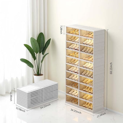 10-Tiers Shoe Rack Organizer with Doors, Foldable Storage Cabinet Holds 40 Pairs, Stackable Plastic Shelf for Closet, Entryway, Living Room, Collapsible Easy Assembly Large