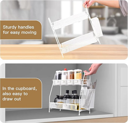 2024 upgraded Bathroom Organizer with Basket, 2-Tier Bathroom Tray for Countertop Storage Shelf, Vanity Organizer and Storage Kitchen Counter Organizers Spice Rack(White)