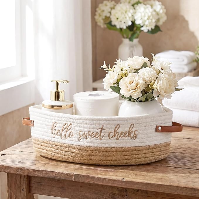 Hello Sweet Cheeks Bathroom Decoration Brown and White Cotton Rope Toilet Basket Toilet Paper Holder Basket Rustic Bathroom Organizer Farmhouse Home Decoration Organizing Small Baskets