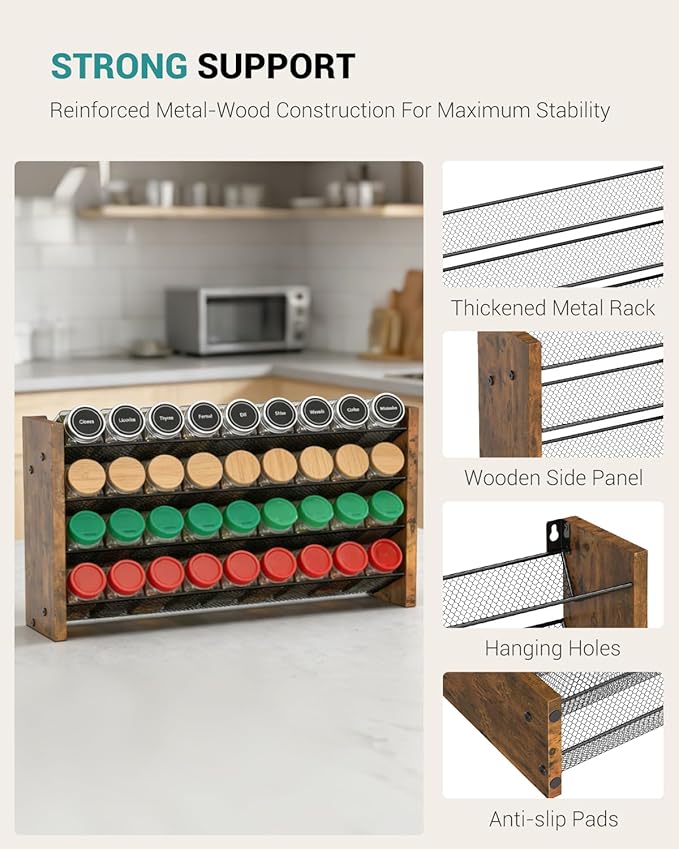 NESAPTO Spice Rack Organizer for Cabinet, Wood 4-Tier Vertical Seasoning Organizer, Wall Mount or Countertop Spice Shelf, Holds 36 Jars (No Jars Included), 17.2" W x 9.4" H