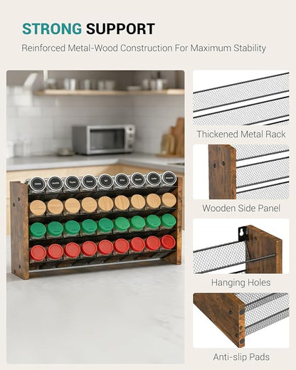 NESAPTO Spice Rack Organizer for Cabinet, Wood 4-Tier Vertical Seasoning Organizer, Wall Mount or Countertop Spice Shelf, Holds 36 Jars (No Jars Included), 17.2" W x 9.4" H