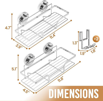 LEVERLOC Shower Caddy Suction Cup 2 Pack, Shower Shelf for Inside, Large Capacity Bathroom Organizers and Storage, Rustproof & Waterproof Metal Bath Basket, No-Drilling, Heavy Duty, Silver