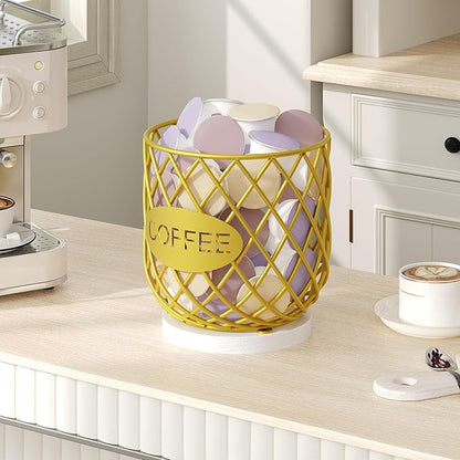 YATINEY Coffee Pod Holder Organizer, Holder for K Cup, Large Capacity Coffee Pod Basket, Versatile Coffee Capsule Storage Organizer, for Kitchen Countertop, Gold and White KH09DW
