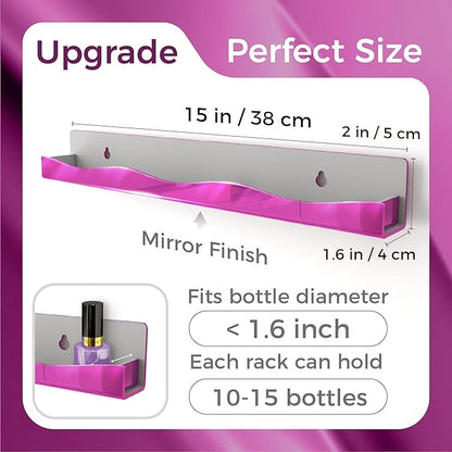 YMVV Wall-Mounted Nail Polish Organizer Rack - 15 Inch Pink Mirror Finish Nail Polish Shelf, Makeup & Beauty Essentials Storage - Multi-Purpose Display Holder for Small Space, Vanity Bathroom, 6 Pack