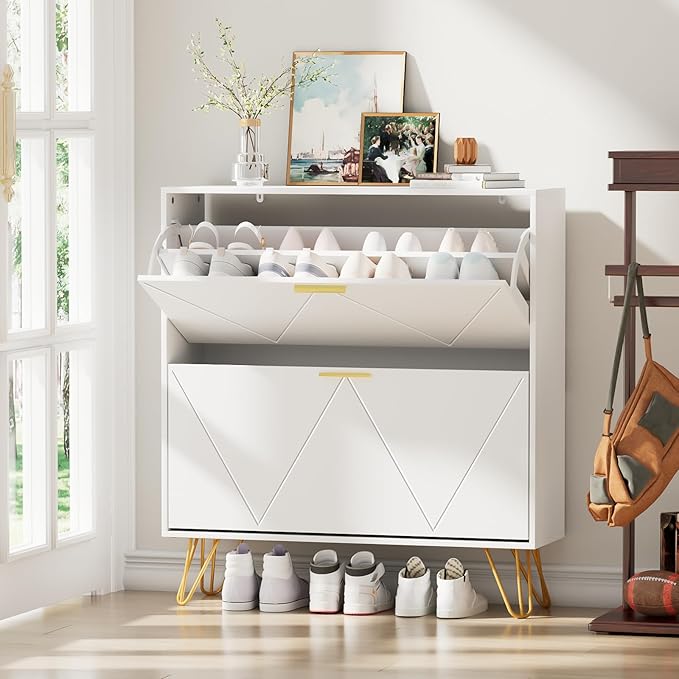 JOZZBY Shoe Cabinet for Entryway Slim Set of 2, White Shoe Cabinet with 2 Flip Drawers, Narrow Shoe Storage Cabinet, Slim Shoe Rack for Entryway, Hallway, Living Room