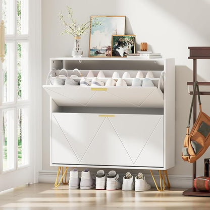 JOZZBY Shoe Cabinet for Entryway Slim Set of 2, White Shoe Cabinet with 2 Flip Drawers, Narrow Shoe Storage Cabinet, Slim Shoe Rack for Entryway, Hallway, Living Room