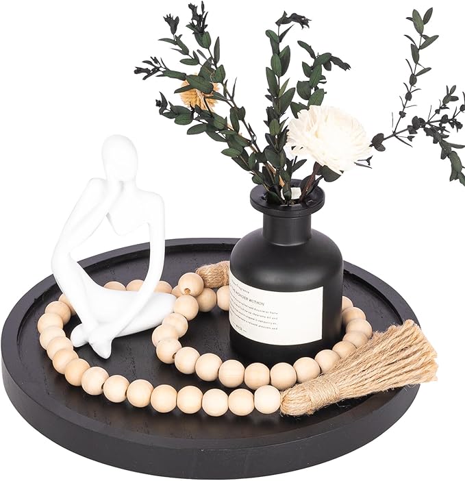 Wood Lazy Susan Organizer Kitchen Turntable for Cabinet Farmhouse Bathroom Decor Round Decorative Tray for Vanity, Counter, Sink, Coffee Table, 10 Inch, Black