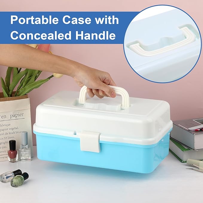 Hipiwe 3-Layer Plastic Storage Box 12.8" Multipurpose Craft Organizers with Dividers & Handle Hair Accessories Organizer Folding Craft Tool Case Portable Tackle Box for Sewing Art Cosmetic, Blue