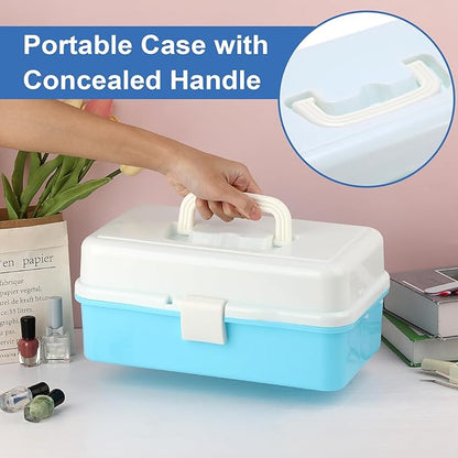 Hipiwe 3-Layer Plastic Storage Box 12.8" Multipurpose Craft Organizers with Dividers & Handle Hair Accessories Organizer Folding Craft Tool Case Portable Tackle Box for Sewing Art Cosmetic, Blue