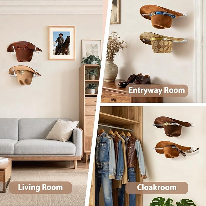 2 Pack Acrylic Cowboy Hat Rack for Wall, 3-Position Adjustment Wall Mount Hat Holder Organizer for Western Cowboy Hats, Fedoras, Sun Hats