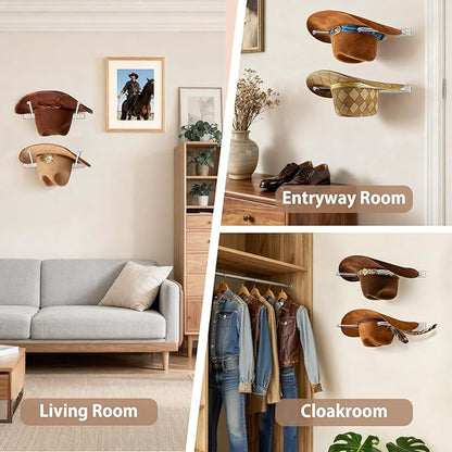 2 Pack Acrylic Cowboy Hat Rack for Wall, 3-Position Adjustment Wall Mount Hat Holder Organizer for Western Cowboy Hats, Fedoras, Sun Hats