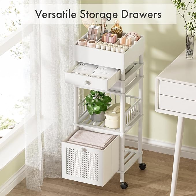 Amazer Bamboo Makeup Organizer Cart with 3 Drawers, Floor Skin Care Storage for Bathroom Bedroom, Rolling Vanity Organizer Cart for Cosmetic, Nail Polish, Perfume and Hair Tools, White