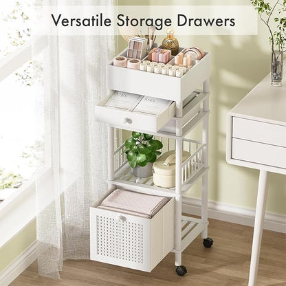 Amazer Bamboo Makeup Organizer Cart with 3 Drawers, Floor Skin Care Storage for Bathroom Bedroom, Rolling Vanity Organizer Cart for Cosmetic, Nail Polish, Perfume and Hair Tools, White