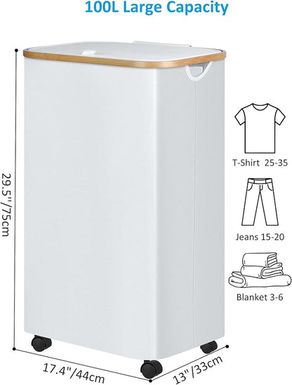 efluky Laundry Basket with Wheels, Tall Rolling Laundry Hamper with Lid and Removable Bag, Aesthetic Dirty Clothes Hamper on Wheels for Laundry Room, Bedroom, Dorm and Bathroom, 100L White