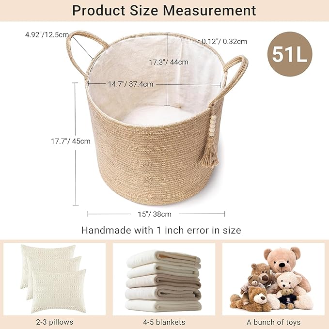 Mkono Tall Wicker Laundry Basket Woven Storage Basket Decorative Natural Rope Basket Wooden Bead Decoration for Blankets,Toys,Clothes,Shoes,Plant Organizer Bin with Handles Living Room 15"Wx17.7"L