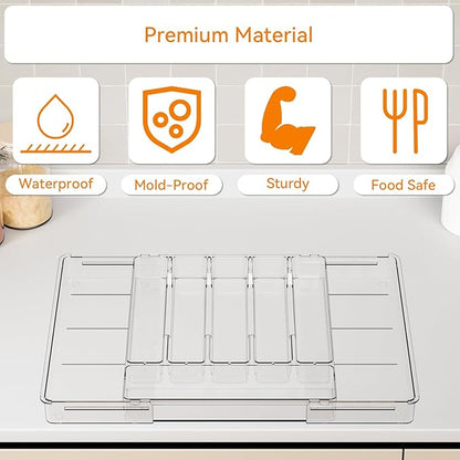 Yieach Large Clear Expandable Silverware Drawer Organizer for Kitchen,BPA FREE Adjustable Utensil Drawer Organizer and Silverware Tray,Plastic Flatware Organizers,Cutlery,Knife,Fork and Spoon Holder