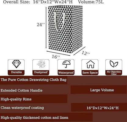 75L Waterproof Laundry Hamper Collapsible Laundry Basket Cotton Handle Laundry Bag Large Clothes Storage Toy Organization for Bathroom Bedroom Laundryroom College Dorms