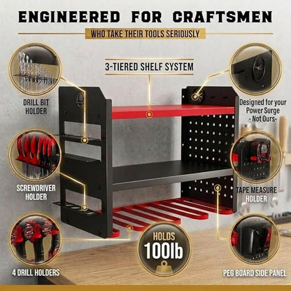 BUILTSTRONG Power Tool Organizer Wall Mount – 3-Tier Heavy-Duty Steel Rack, 4 Drill Slots, Pegboard + Utility Side, 100 lb Capacity – Garage, Workshop & Shed Storage (Red)
