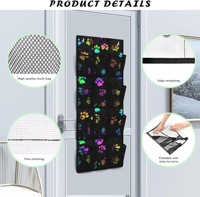 Over The Door/Wall Shoe Organizer, Large Hanging Shoe Organizer for Closet with 12 Clear Mesh Pocket for Bathroom, RV, Pantry,Dog Paws