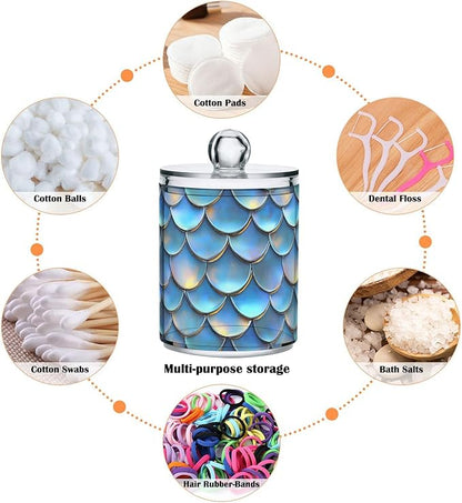 ALAZA 4pcs Blue Mermaid Scale 3D Funny Qtip Holder Dispenser 14 oz Bathroom Storage Clear Apothecary Jars Containers Cotton Ball,Cotton Rounds,Floss Picks, Hair Clips, Food