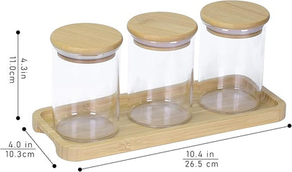 INIUNIK Qtip Holder with Vanity Tray - 3 Pack Glass Apothecary Jars with Lids, Cotton Ball Swab Pad Floss Pick Holder, Bathroom Organizers Jars Containers Canisters Accessories Set