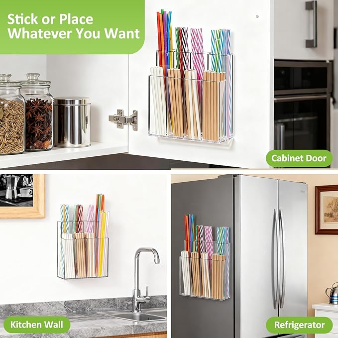 Acrylic Straw Holder for Cabinet Door, Clear Straw Organizer for Reusable Straws, Self-Adhesive No Drill Wall Mount Storage for Kitchen Bar Office, Large Capacity Tableware Rack (8 Compartments)