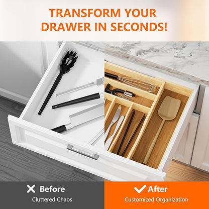 Expandable and Adjustable Bamboo Drawer Organizer Tray - Cutlery & Flatware Organizers for Kitchen Utensils, Silverware Organizer with Dividers, 6-8 Slots with Curved Grooves (Natural)