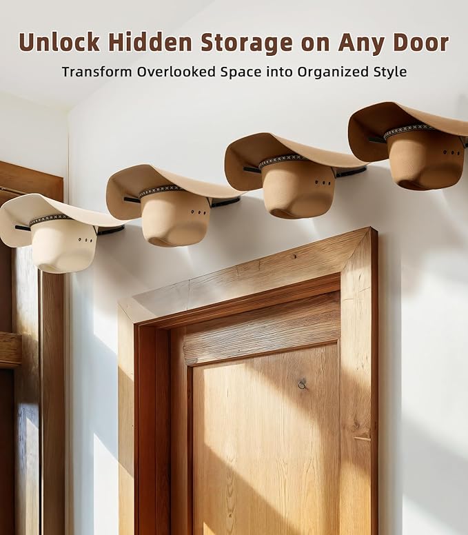 4 Pack Cowboy Hat Rack for Wall, Metal Cowboy Hat Holder Wall Mounted, Hat Hanger for Wide Brim, Fedora, Baseball Caps, Rustic Hat Organizer for Entryway Bedroom Closet Horse Trailer, Black