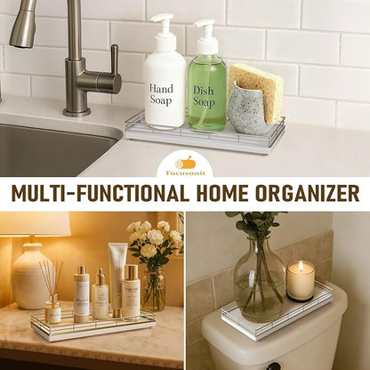Bathroom Vanity Tray for Countertop, 12" x 6" Oak Wood Toilet Tank Tray with Metal Guardrail, Bathroom Organizer for Soap, Perfume & Skincare, Non-Slip Decorative Tray for Dresser, Sliver & White