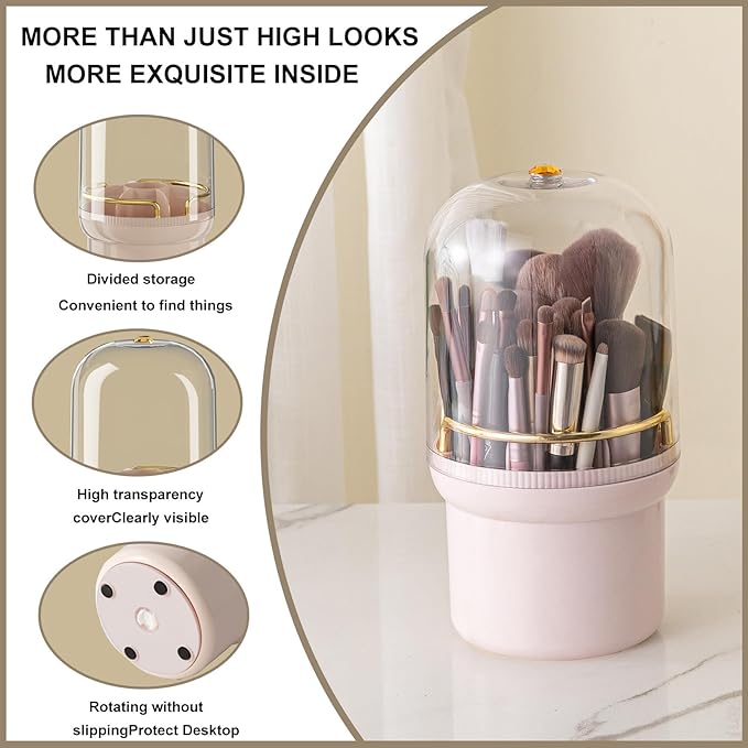 THE LIMIT 360 Degree Rotating Makeup Organizer Box, Dustproof Waterproof, 6 Compartments, Covered Brush Holder, Moisture-Proof, Fits Long Makeup Products, Easy Storage, Large Capacity (Pink)