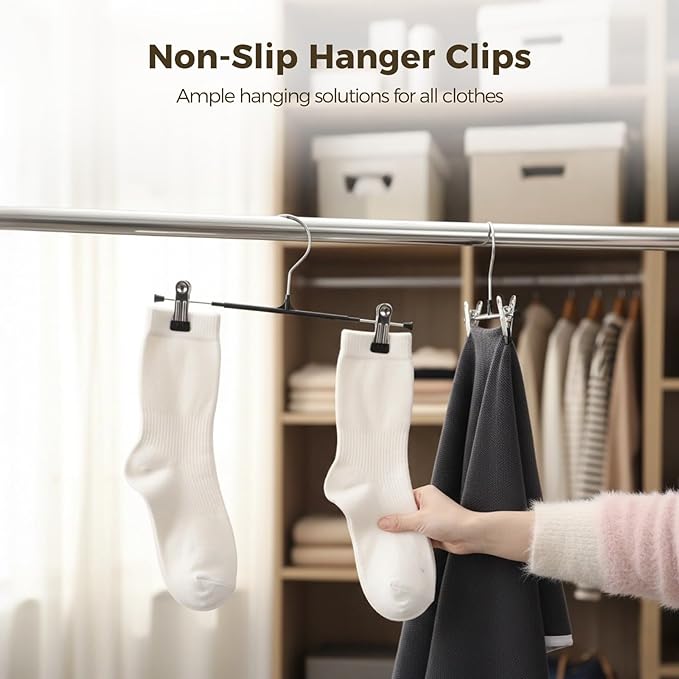 40 Pcs Pants Hangers with 2 Clips - 12.2 Inch Long Adjustable Non-Slip Trousers Skirt Bottom Hanger, Black Adjustable Heavy Duty Space Saving Metal Clips for Skirt,Pants,Trousers,Shorts