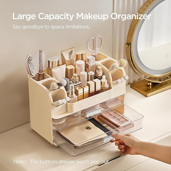 Makeup Organizer with Drawers for Vanity,Bathroom Countertop Organizer with Brushes Holder,Skincare Storage Organizer for Lipsticks,Nail Polishes, Perfumes,Eyeshadow Palettes (Cream)